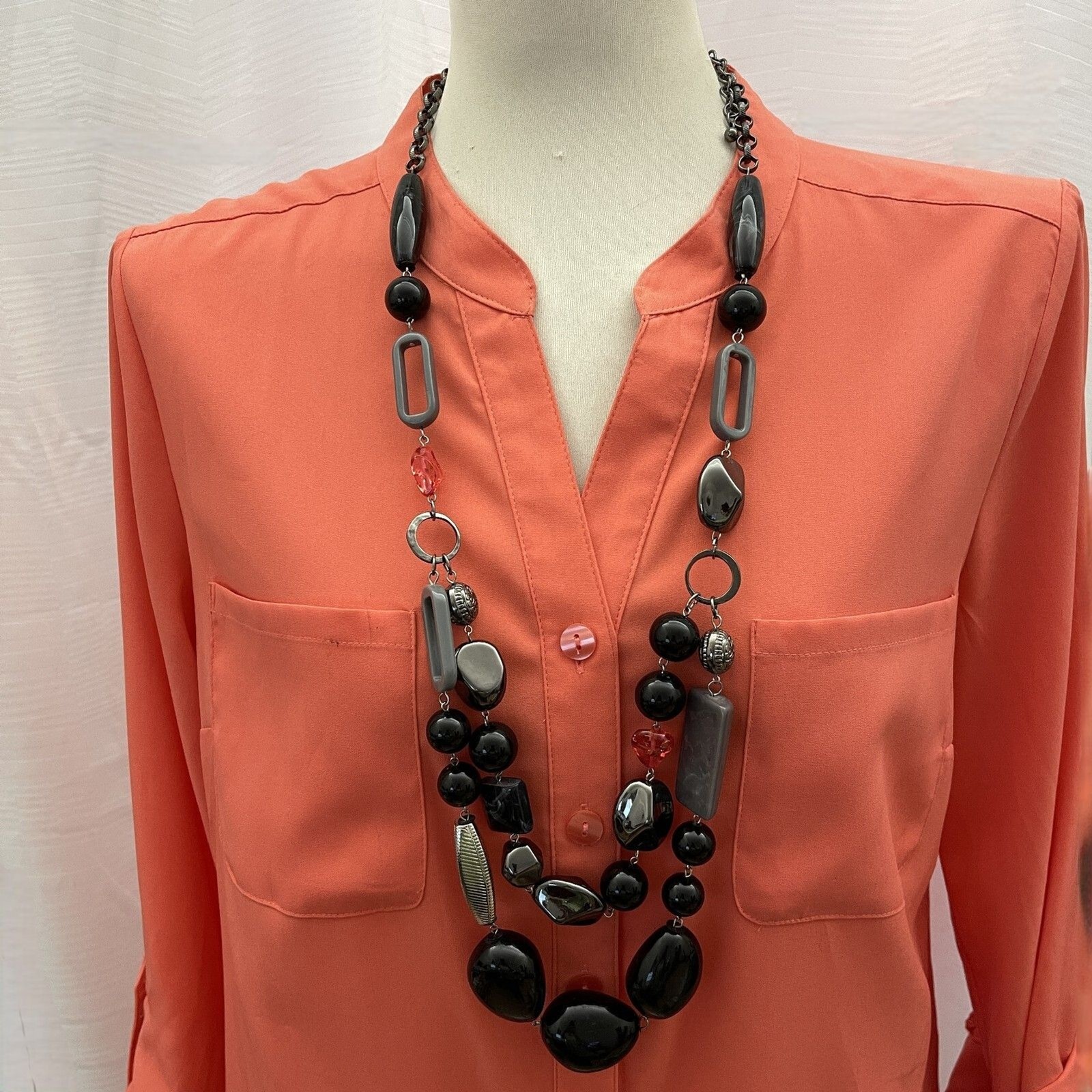 Additions by Chico’s Beaded Beads Black Gray Red Silver-tone Necklace NWT