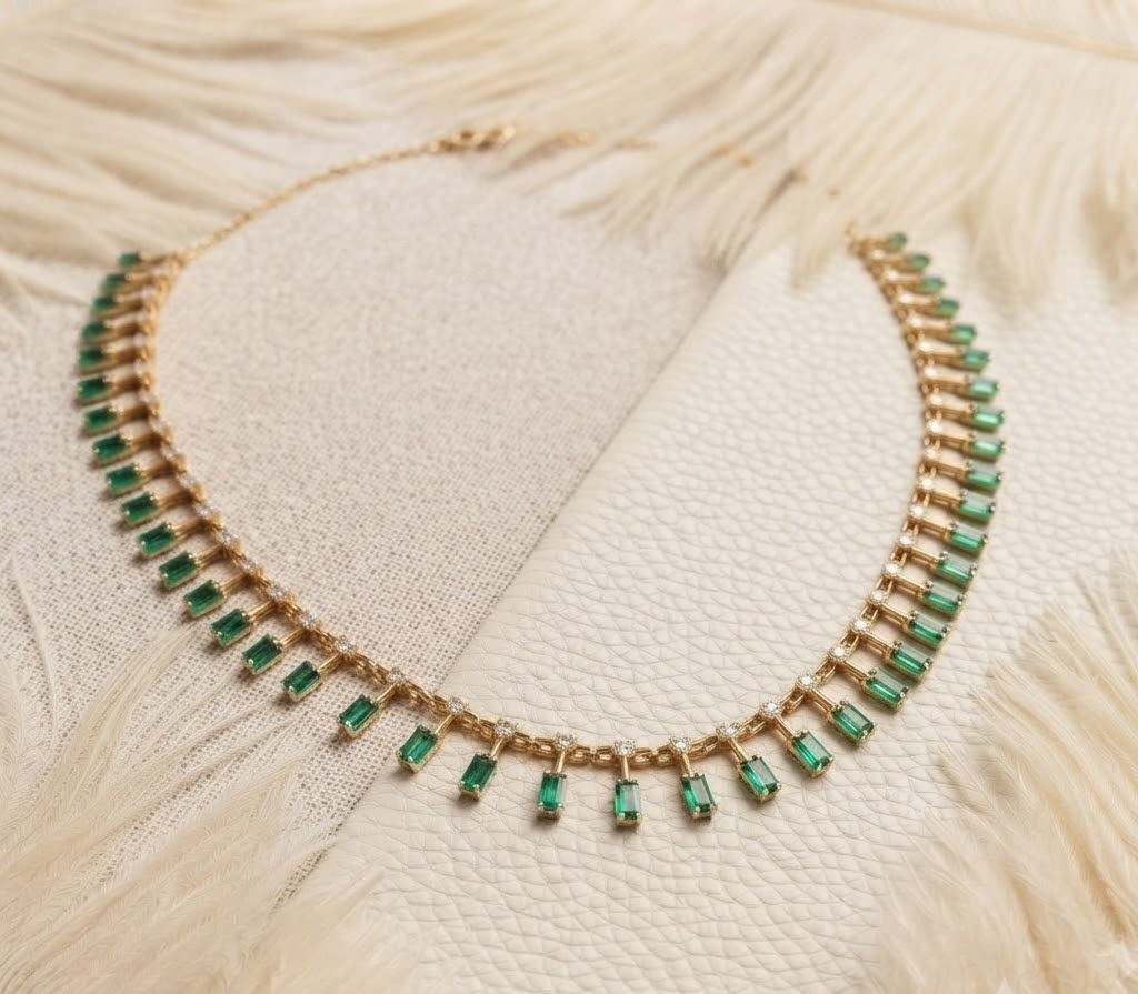 Gold Tone Emerald Green Baguette Crystal Statement Necklace 925 Sterling Silver