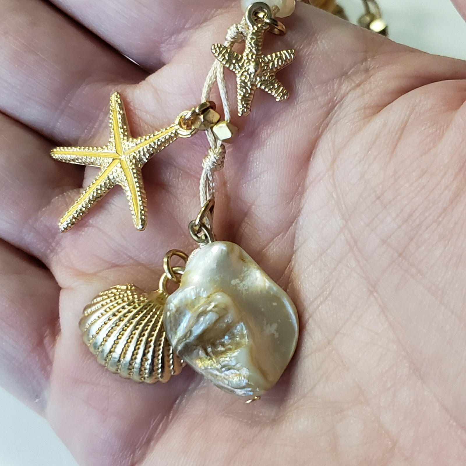 Sea Life Starfish Glass Shell Coral Beach Woven Rope Y Lariat Long Necklace NWT