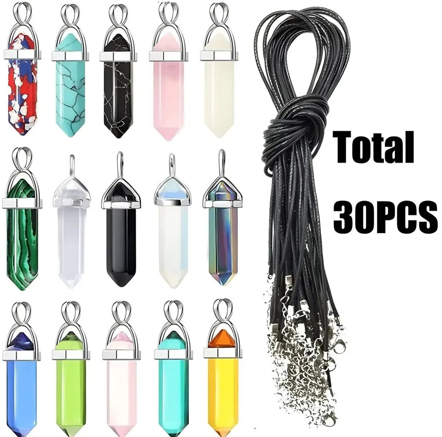 30pcs Hexagonal Chakra Crystal Pendant Set with Necklace Chains & Storage Box