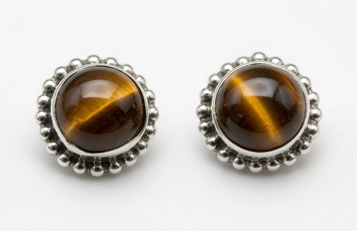 925 Silver Round Brown Tiger’s Eye Bezel Stud Earrings Butterfly Back