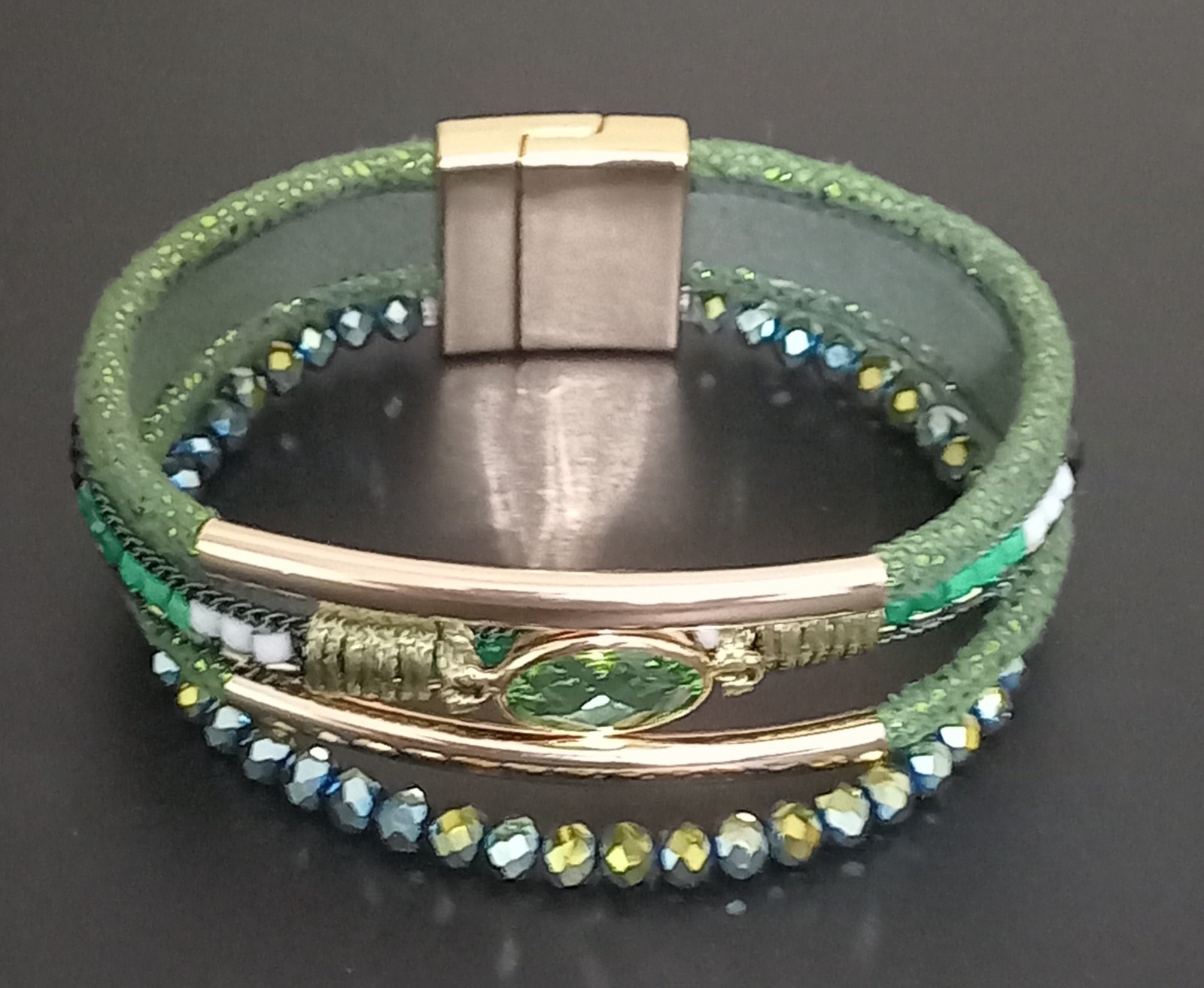 Boho Emerald Green Multi Strand Magnetic Cuff Bracelet Druzy Glitter Crystal Bea