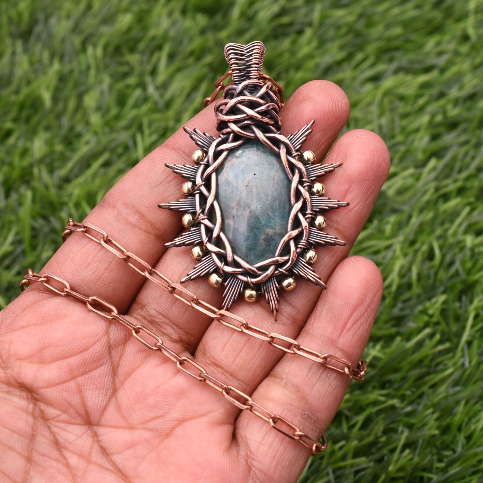 Neon Apatite Gemstone Copper Wire Wrap Handmade Jewelry Pendant 2.28″