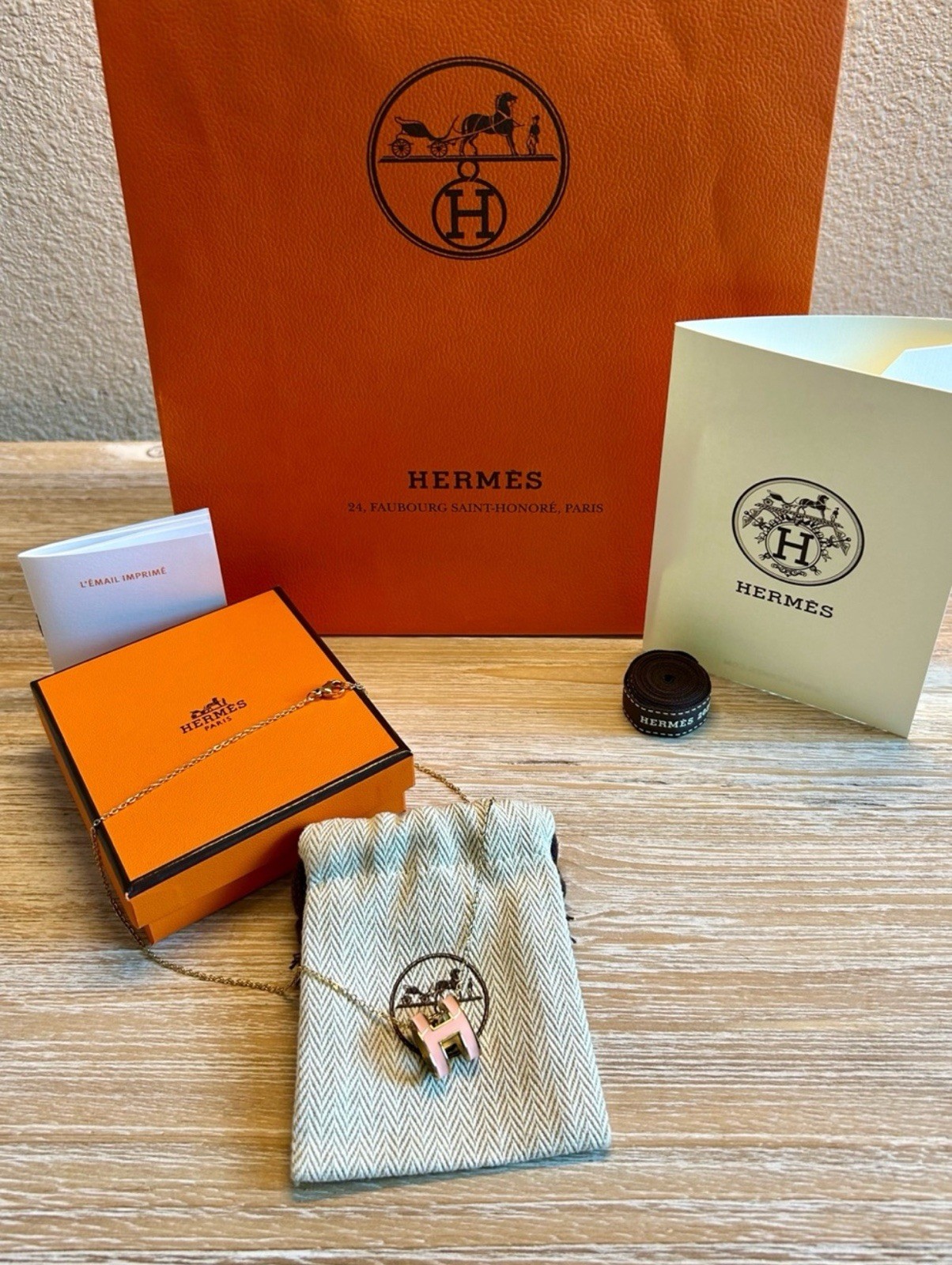 Hermes Mini Pop H Pendant Necklace Rose Dragee with Gold in Brand New Condition