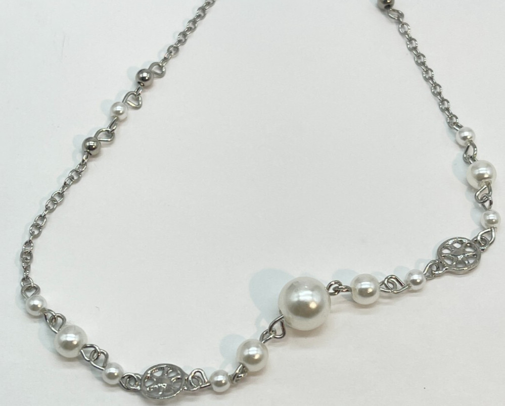 Necklace Silver Tone Spaced White Pearls 38 inches Lightweight