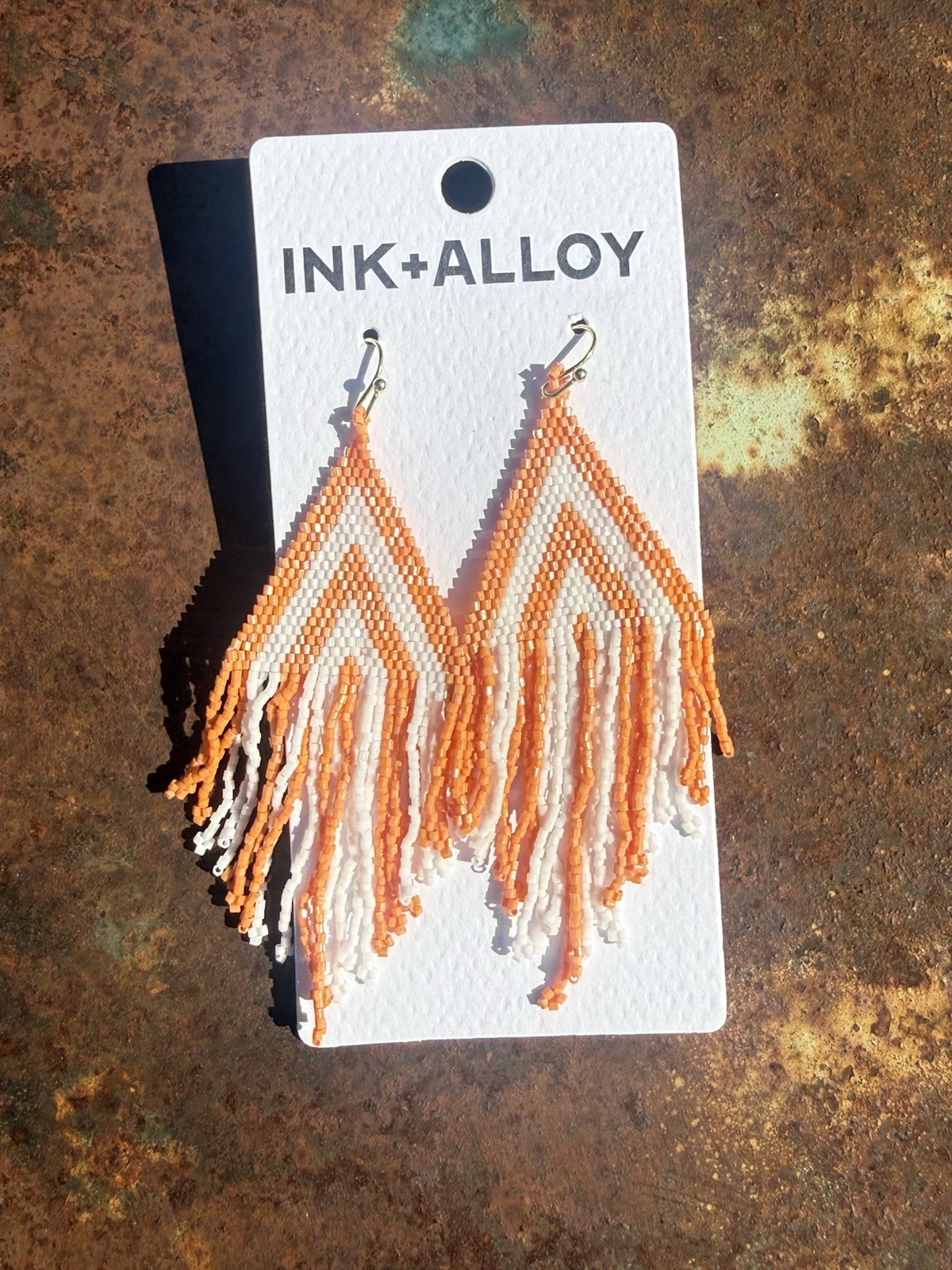 INK + ALLOY Haley Game Day Fringe Earrings Orange & White Seed Bead | NWT