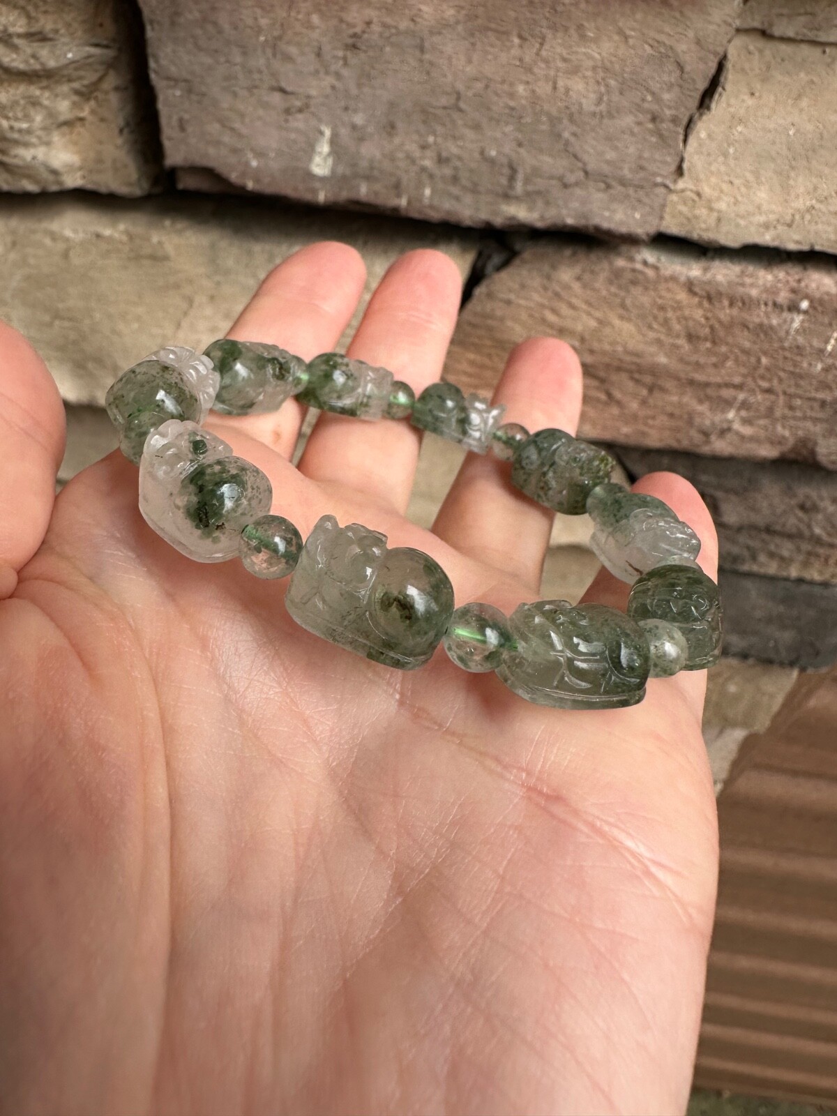 Moss Agate Bracelet Carved Pixiu Artisan Handcrafted