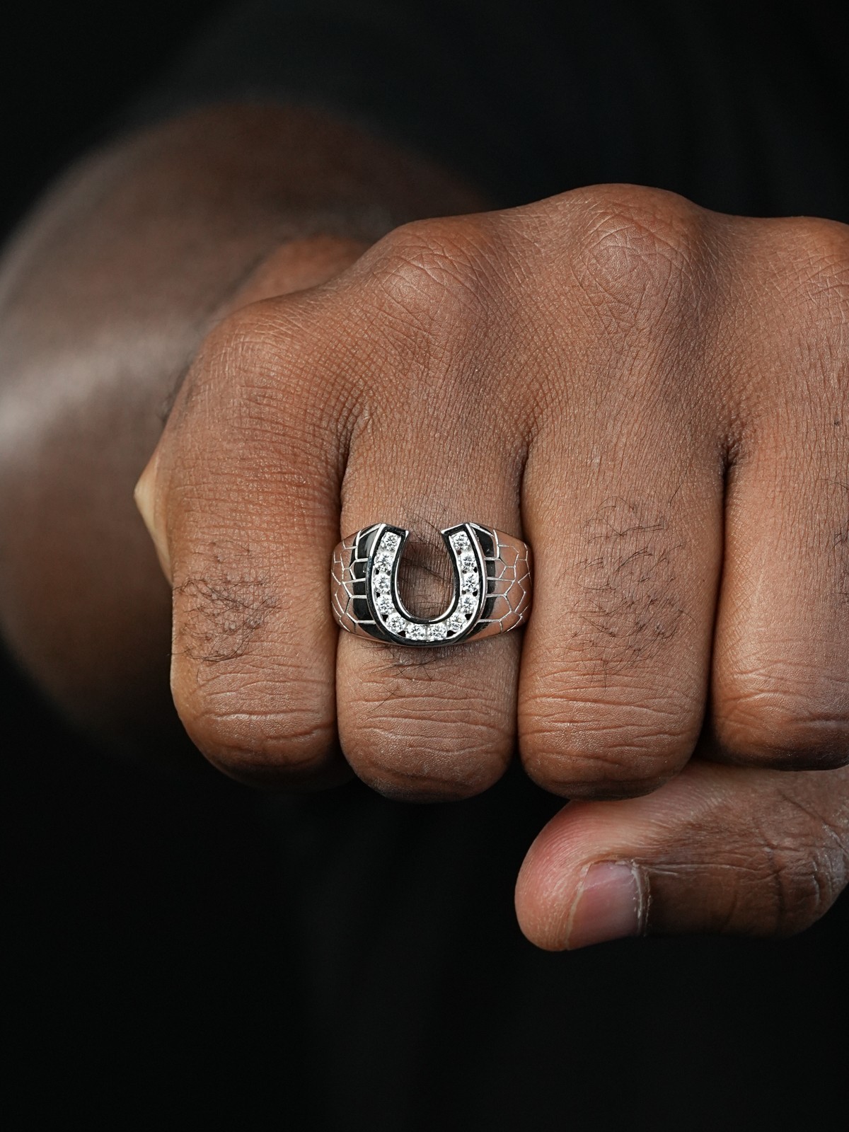 Men’s Real Solid 925 Sterling Silver Lucky Horseshoe Ring Iced CZ Hip Hip Pinky