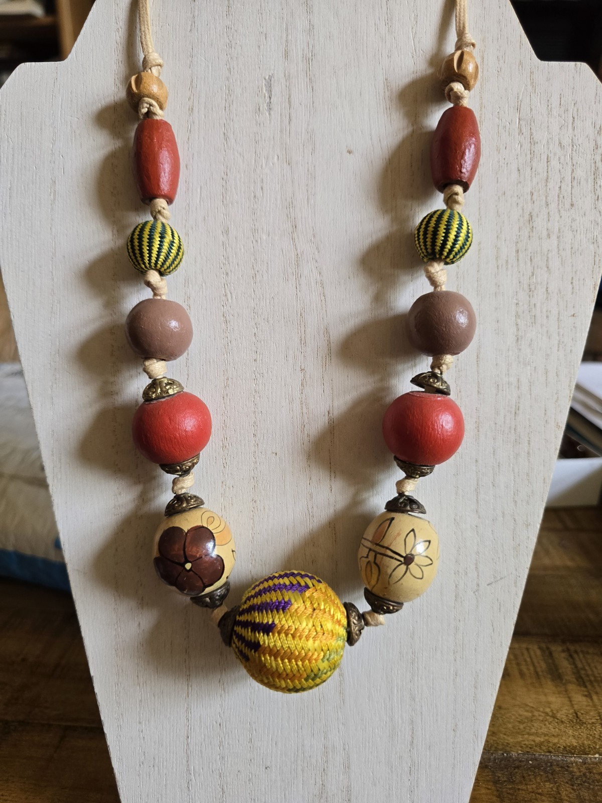 Boho NECKLACE Graduated Wooden & Woven Beads Hand Carved Painted Tribal Natural