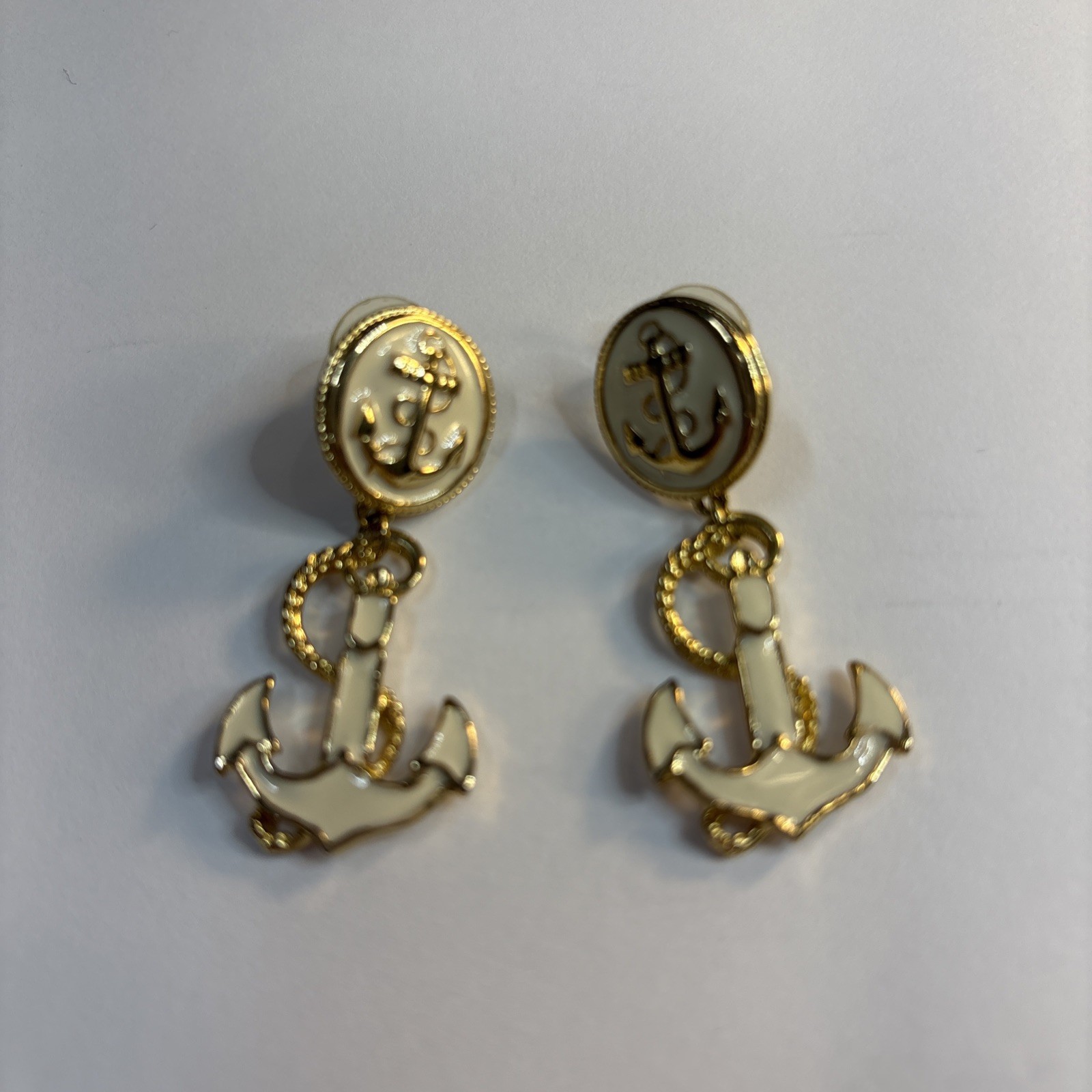 Park Lane Signed Anchor Earrings Pierced White Cream Gold Tone