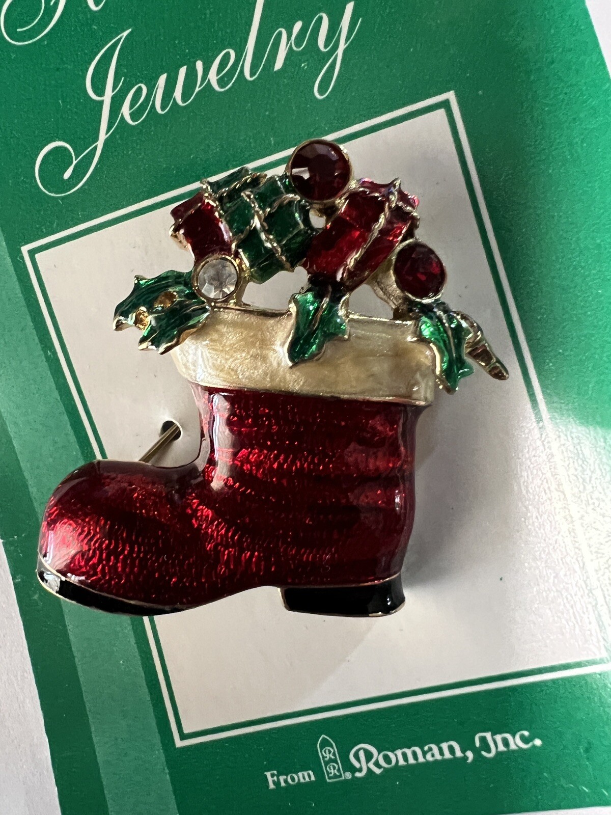 Roman, Inc. Santa Boot Brooch Pin Rhinestones Enamel Goldtone Approx. 2″