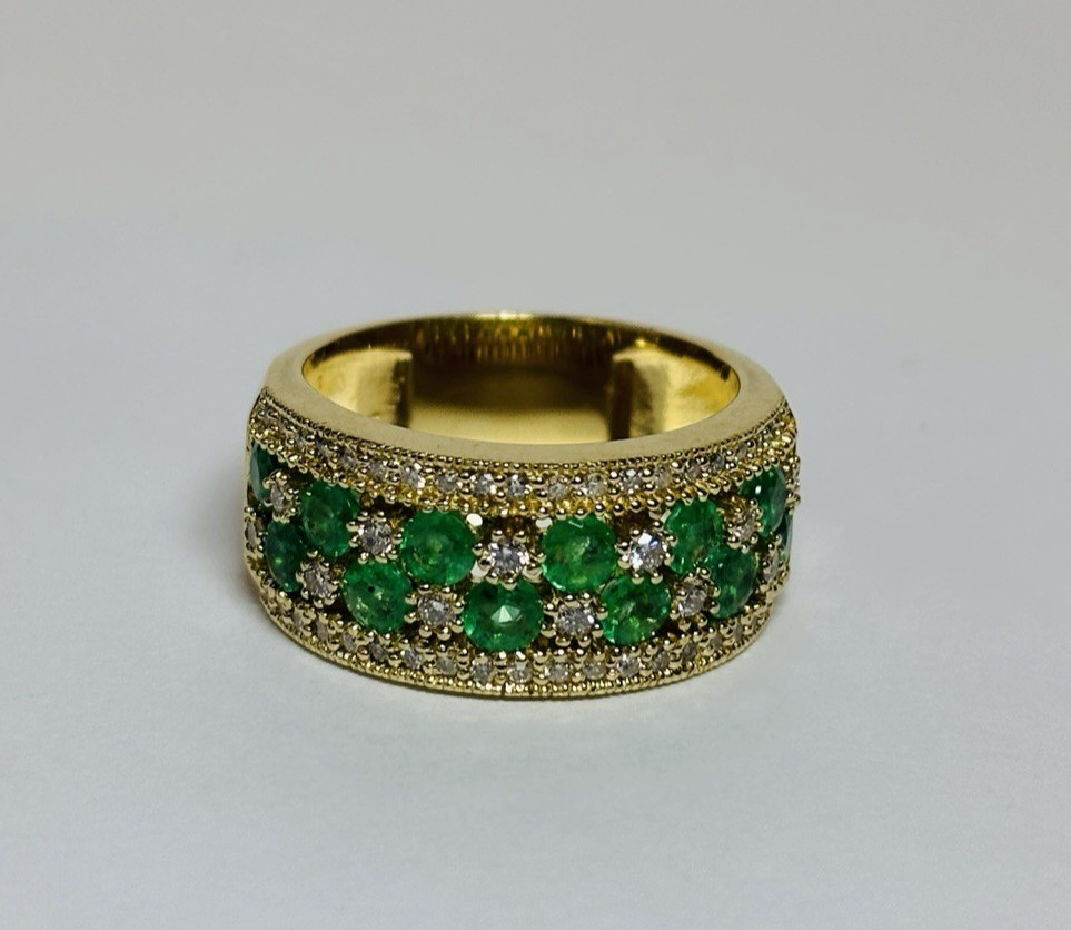 Effy 14K Gold Green Stone and Diamond Band Ring Size 7.25