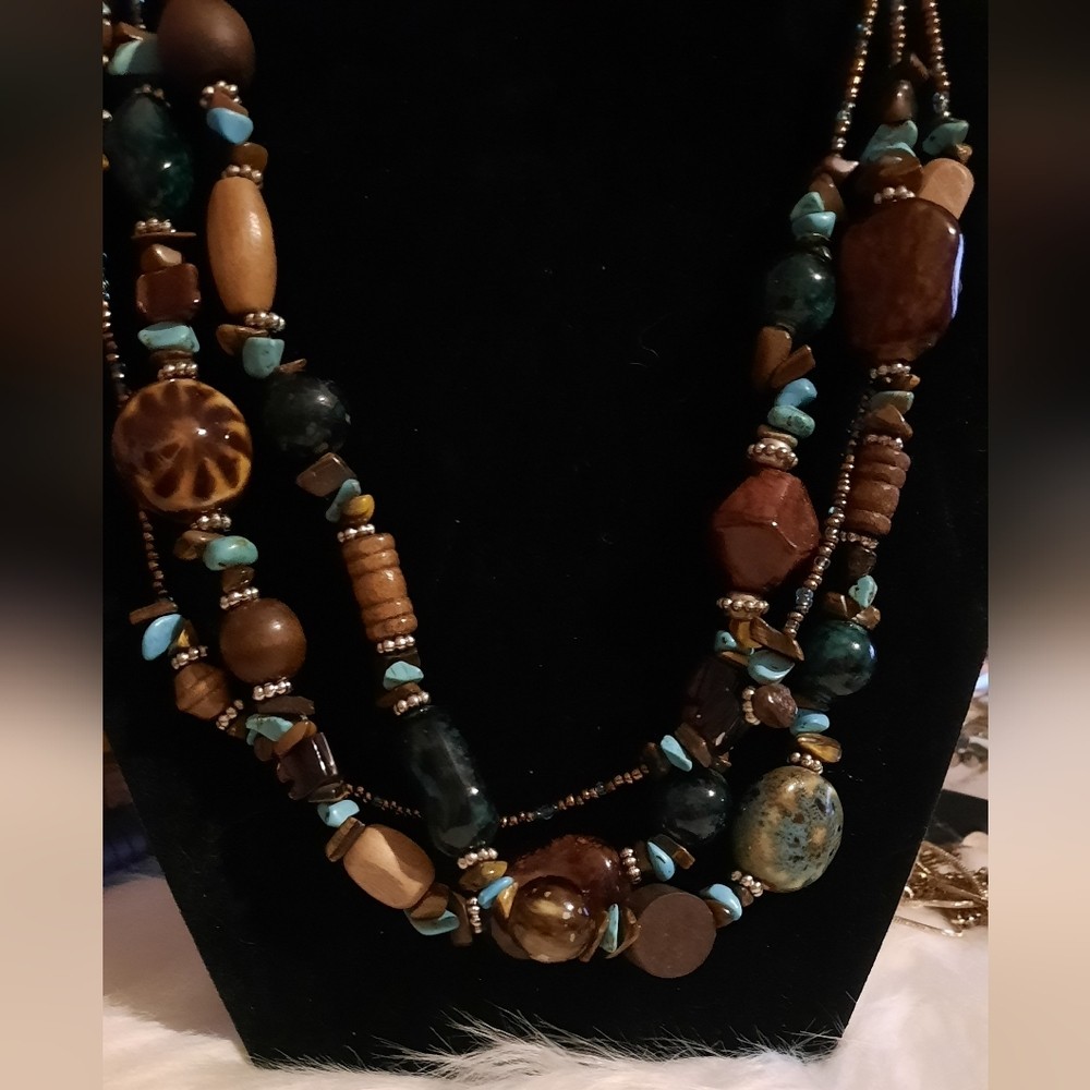 Stone, ceramic, wood, Glass seed beaded necklace Multistrand necklace