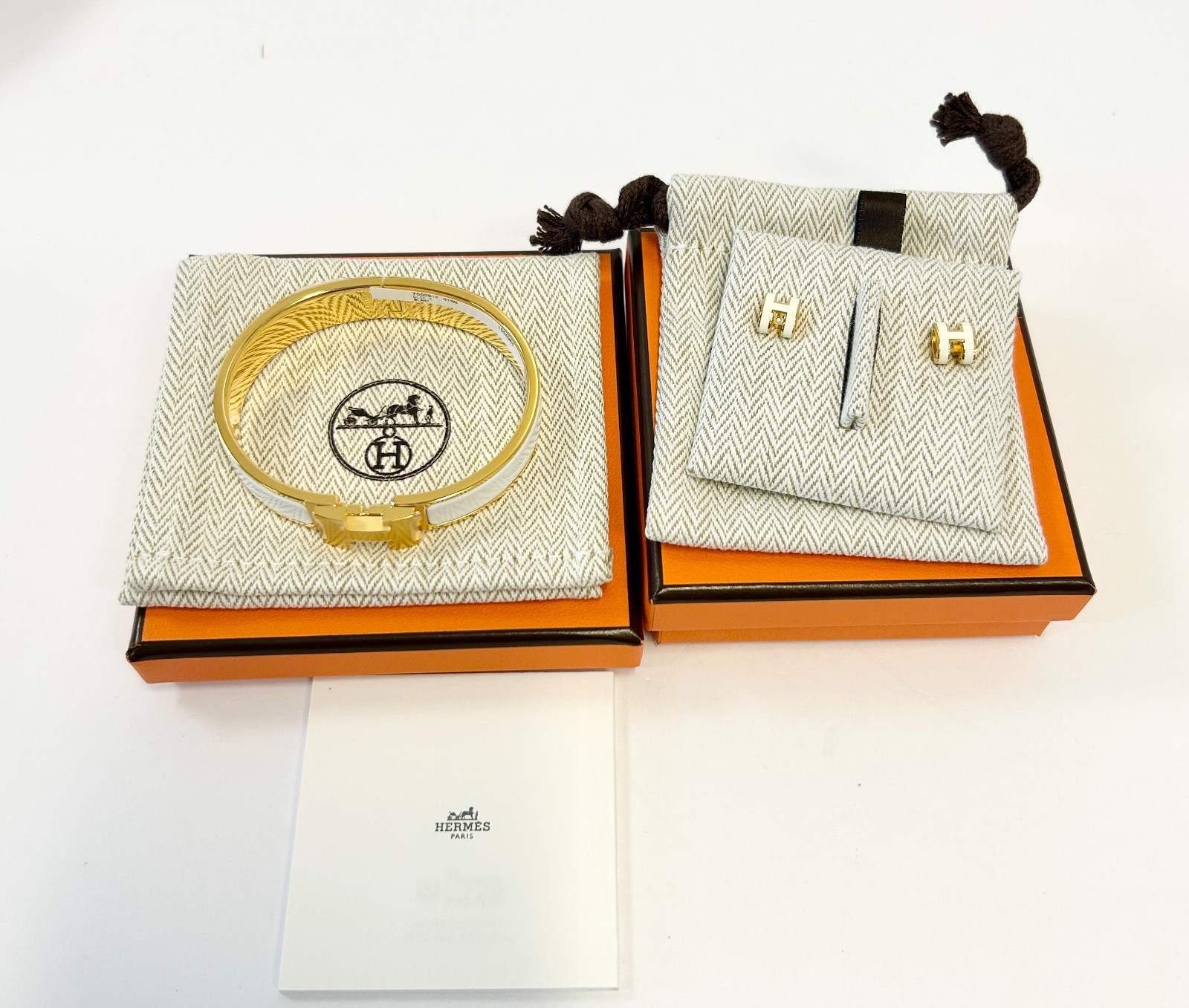 Hermès Mini Pop H Earrings & Clic H Bracelet Blanc White Gold Plated Set NEW
