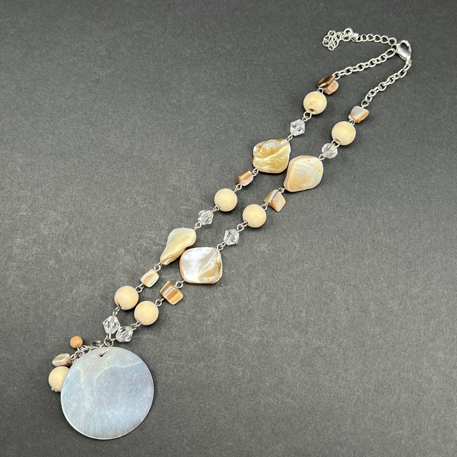 Shell Statement Necklace Wood Beads Mother of Pearl Boho 21″