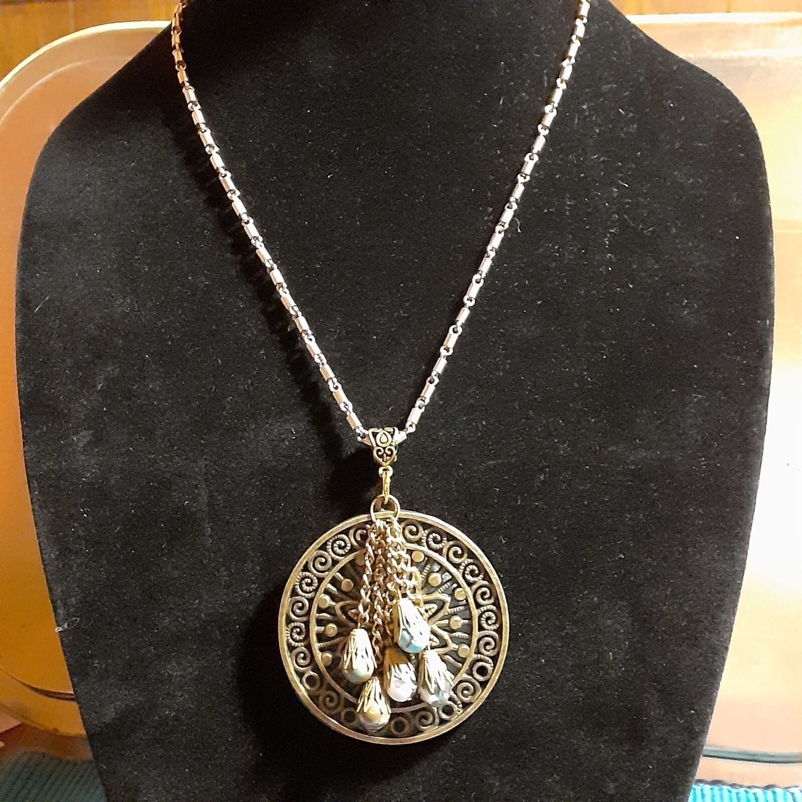 Handmade Bronzetone Medallion Charm Necklace 26″
