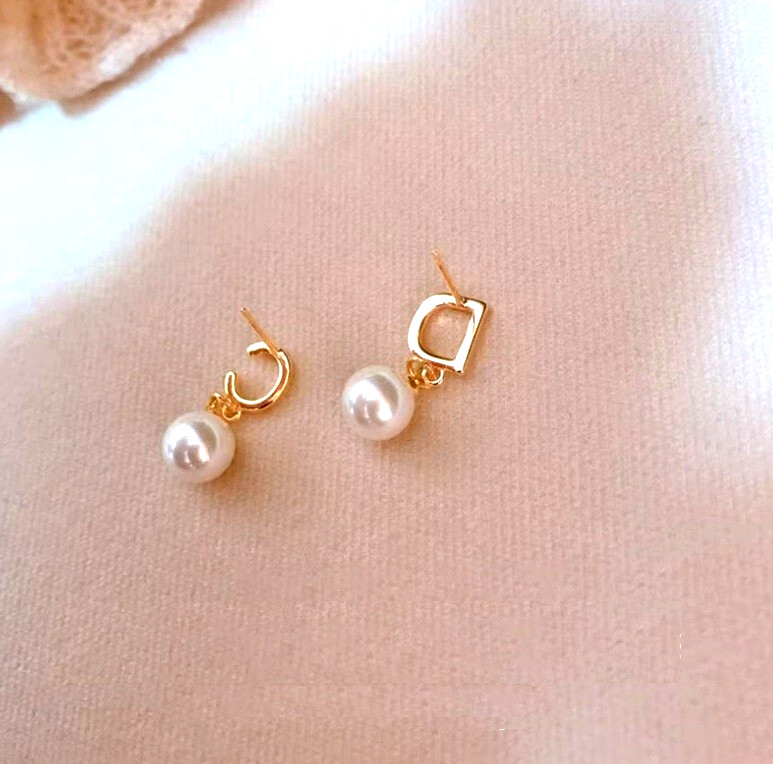 Gold CD Dangle Drop Pearl Stud Earrings