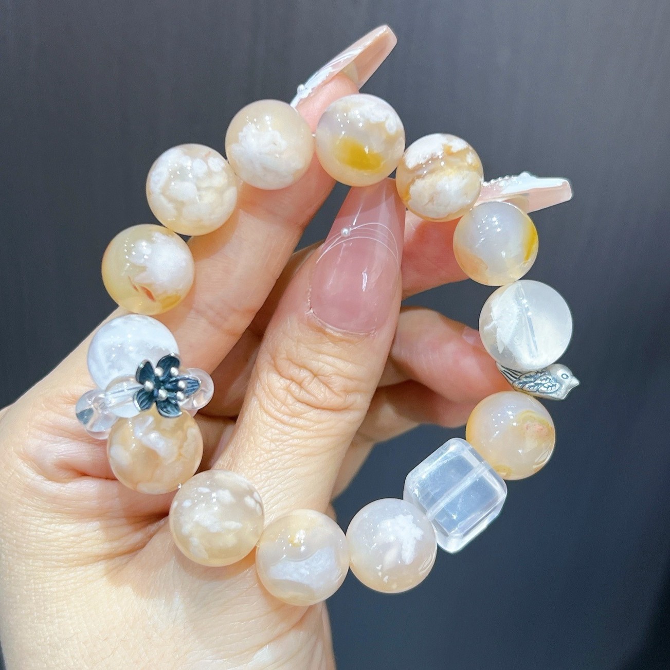 13mm Natural Cherry Blossom Agate Snowflake Phantom Crystal Handmade Bracelet