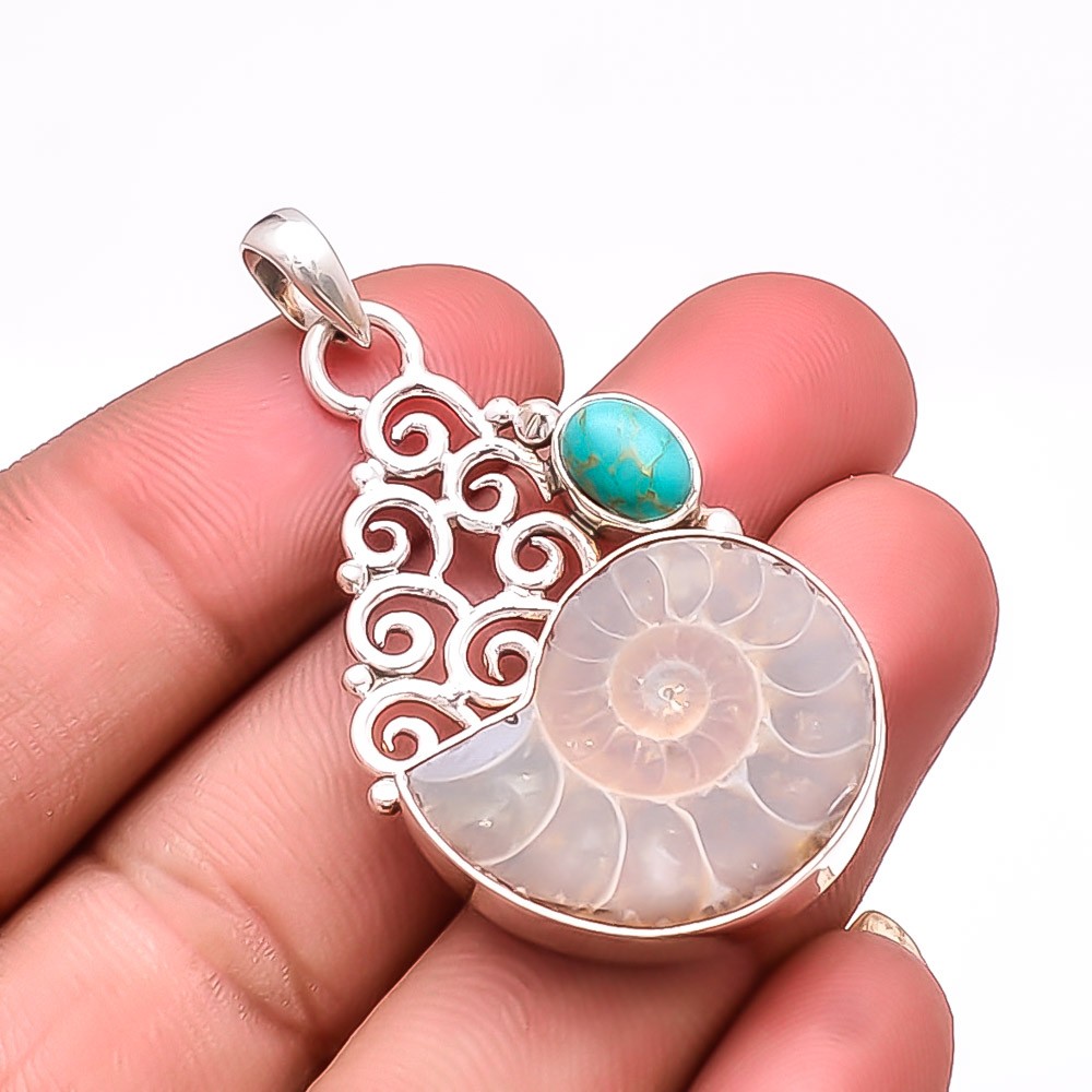 Ammonite – Fossil & Copper Blue Turquoise 925 Sterling Silver Pendant 1.95″ P18