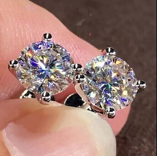 Round Cut 2 Ct Lab Created Diamond Solitaire Stud Earrings 14K White Gold Finish