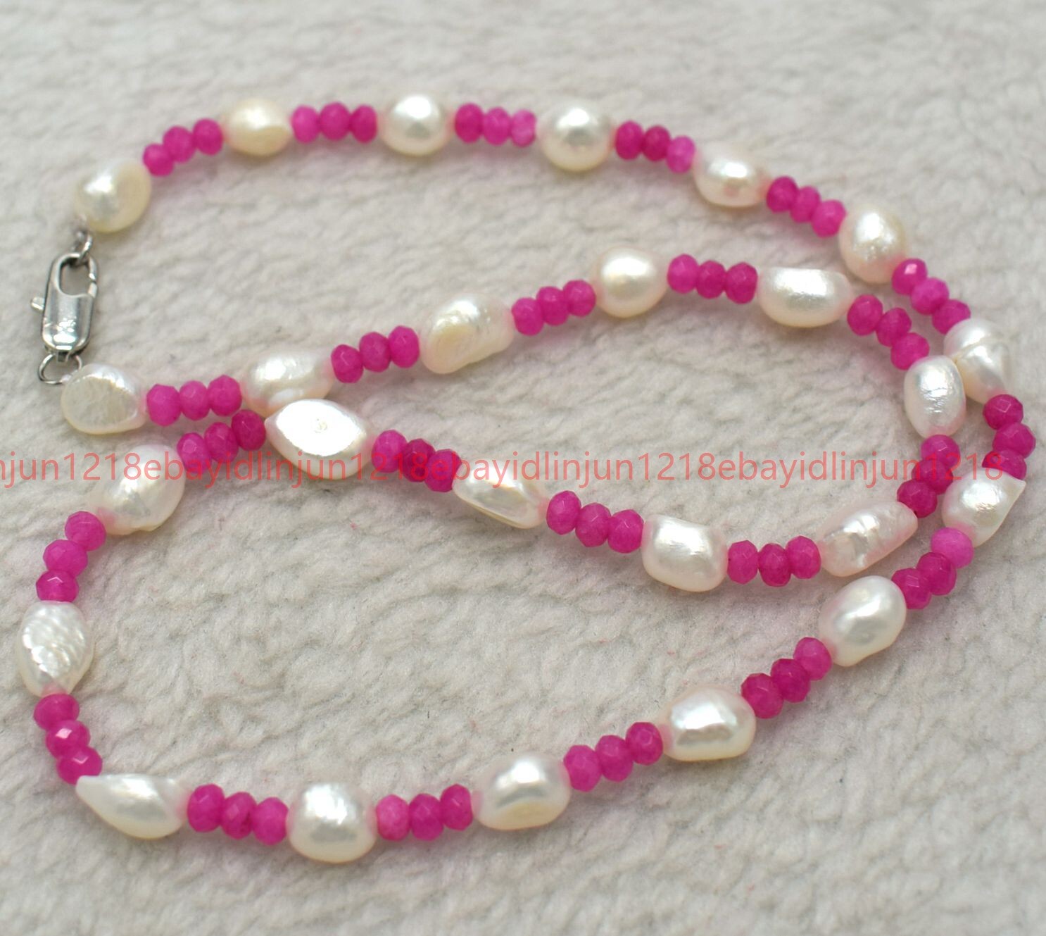 7-8mm White Freshwater Baroque Pearl 2x4mm Rose Red Jade Beads Necklaces 18”