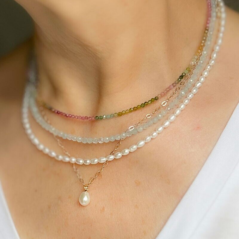 2mm Aquamarine Crystal Gemstone Faceted Beads Dainty Choker Necklace Minimalist