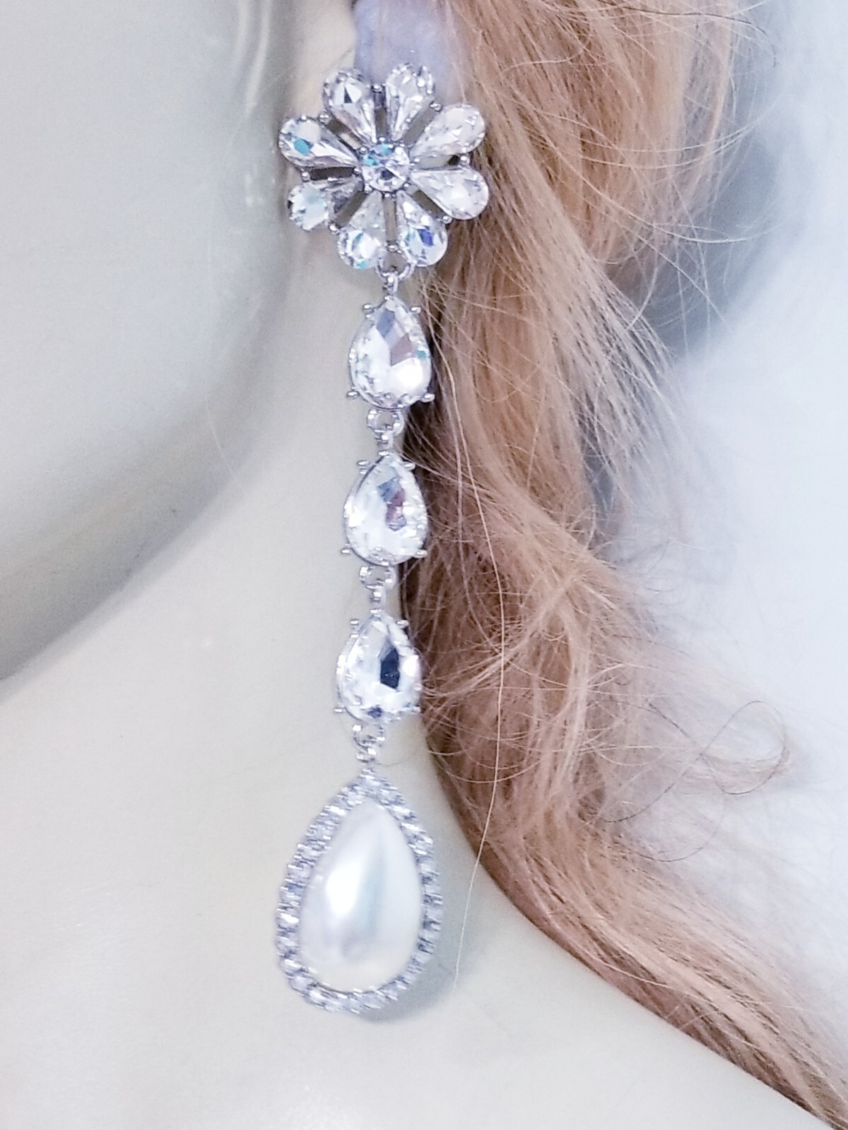 Created Pearl Dangle Chandelier Earrings 4.7 inch Clear Rhinestone Pageant Prom
