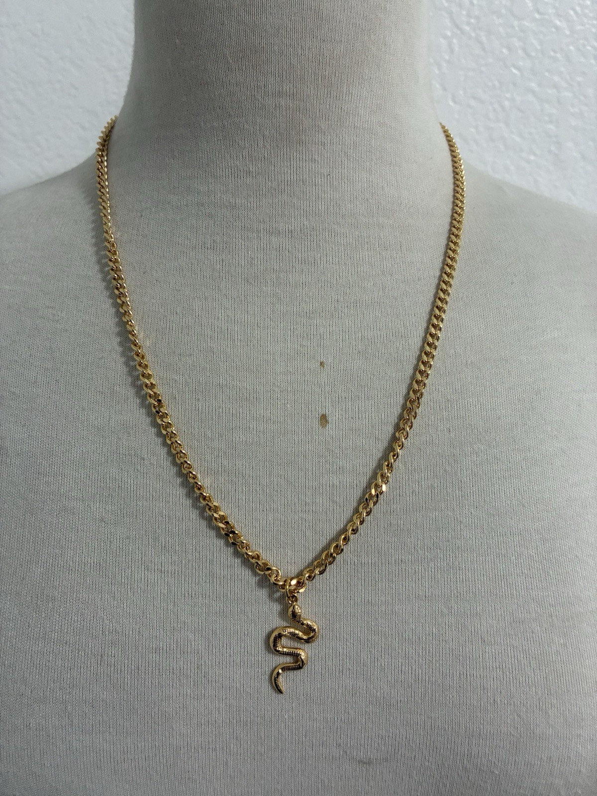 Gold 18K Tone Curb Link Chain Necklace with Snake Charm Pendant