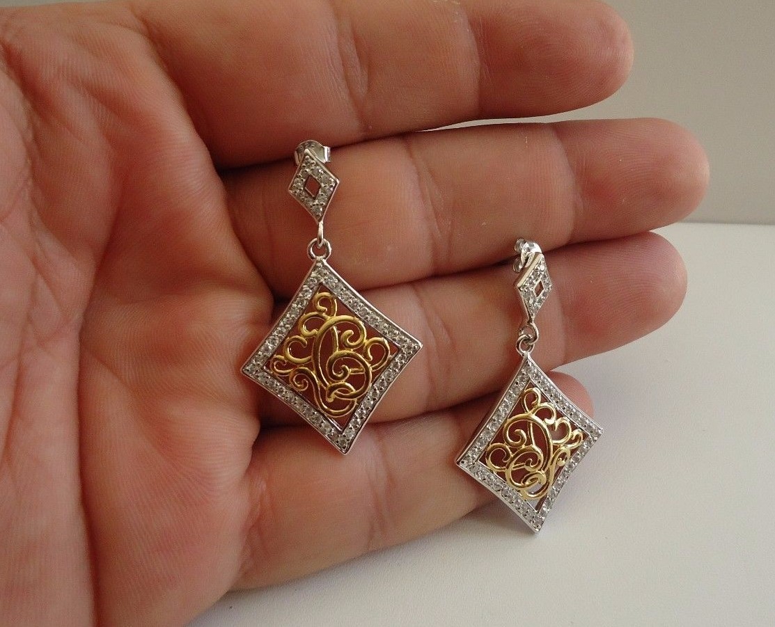 925 STERLING SILVER TWO TONE DROP DANGLING EARRINGS 1.50 ct LAB CREATED DIAMOND