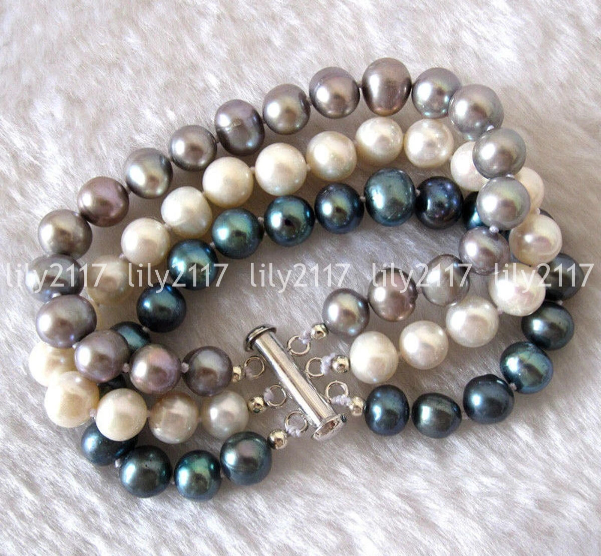3 Rows Genuine Natural White Gray Black Freshwater Baroque Pearl Bracelet 8 inch