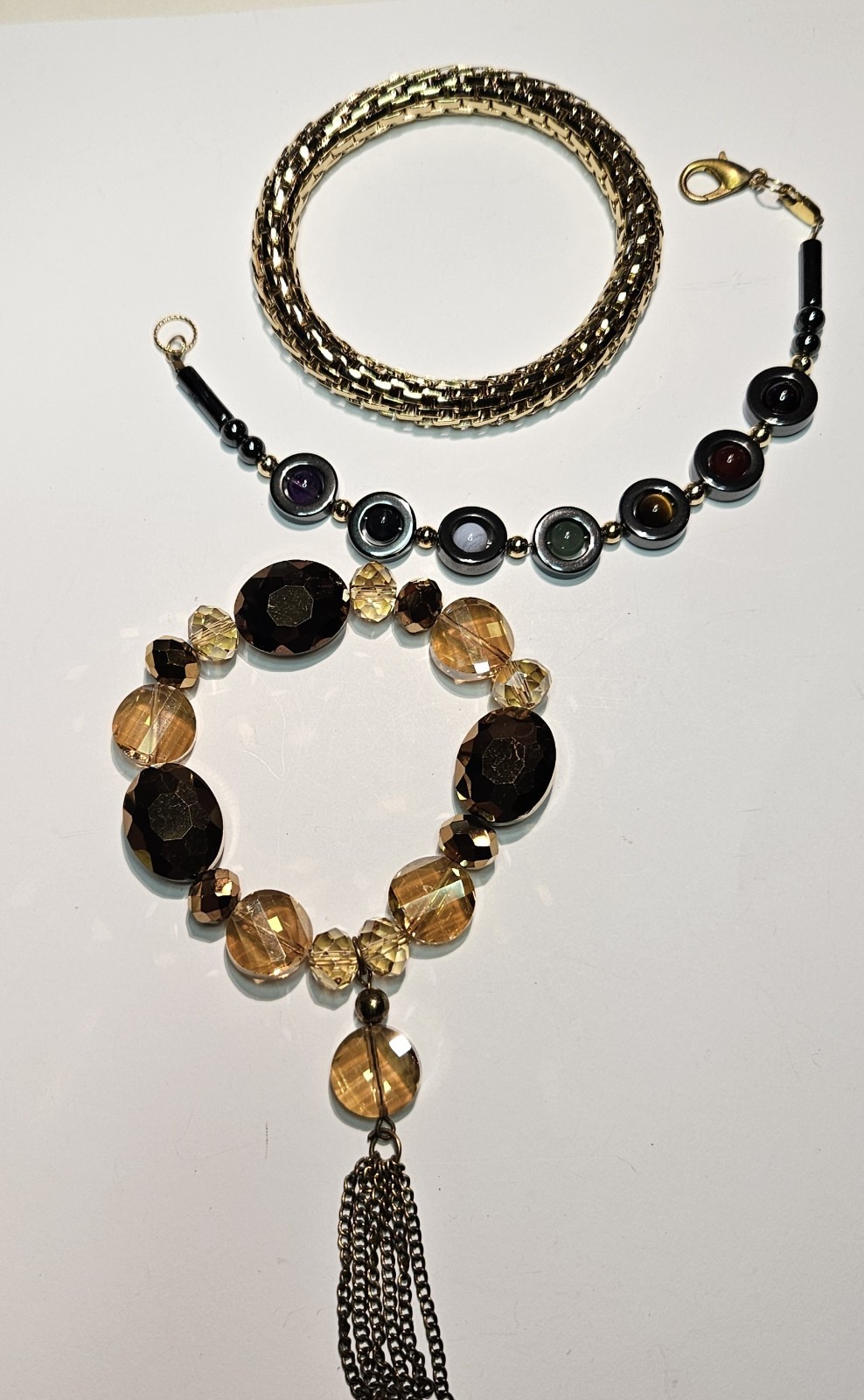 FASHION (2) STRETCH BRACELETS & 1 MULTI COLOR SEMI PRECIOUS STONE BRACELET