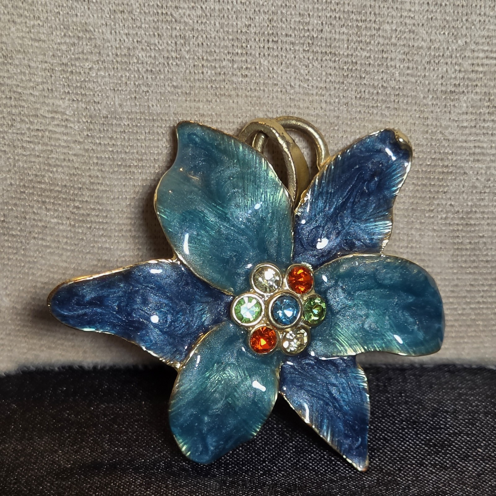 Vtg Enamel Flower Pendant – Blue Green – Gold Tone Back 7 multi color crystals