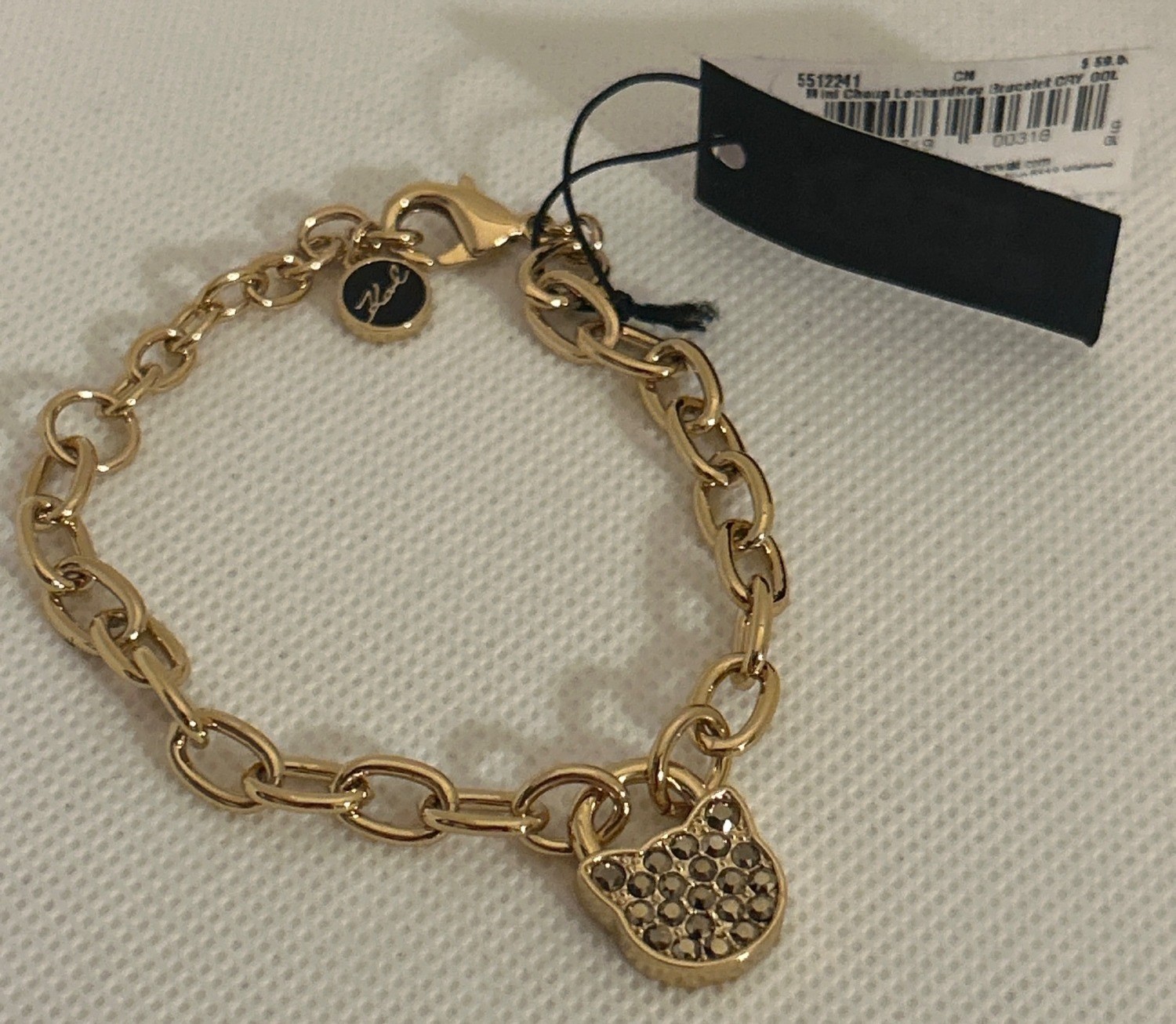 Karl Lagerfeld gold-tone link bracelet with cat charm Swarovski crystals 6.5”-8”