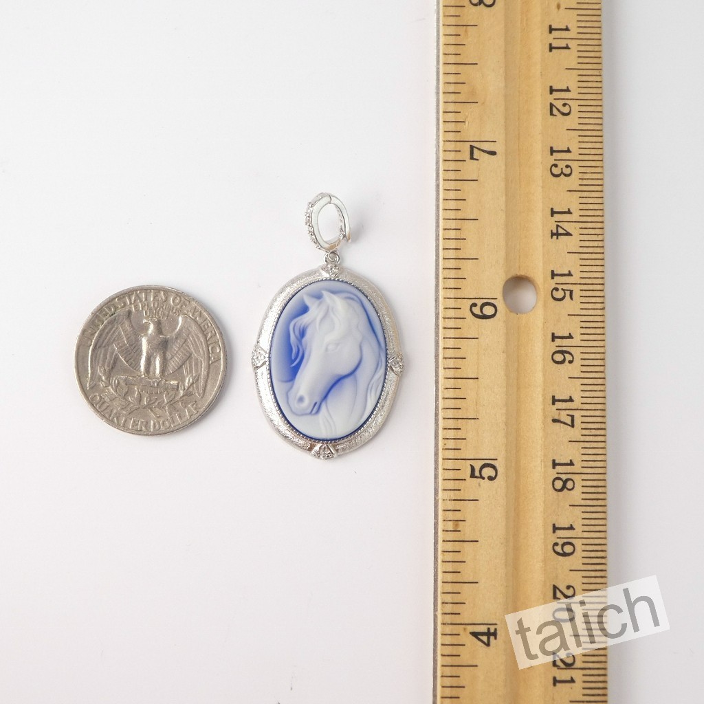 925 Sterling Silver Blue Agate & CZ Horse Cameo Pendant Fine Elegant Gift Idea