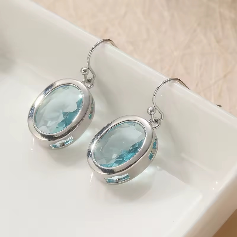 Women Banquet Wedding Oval Blue Zirconia Silvery Plated Drop Pendant Earrings