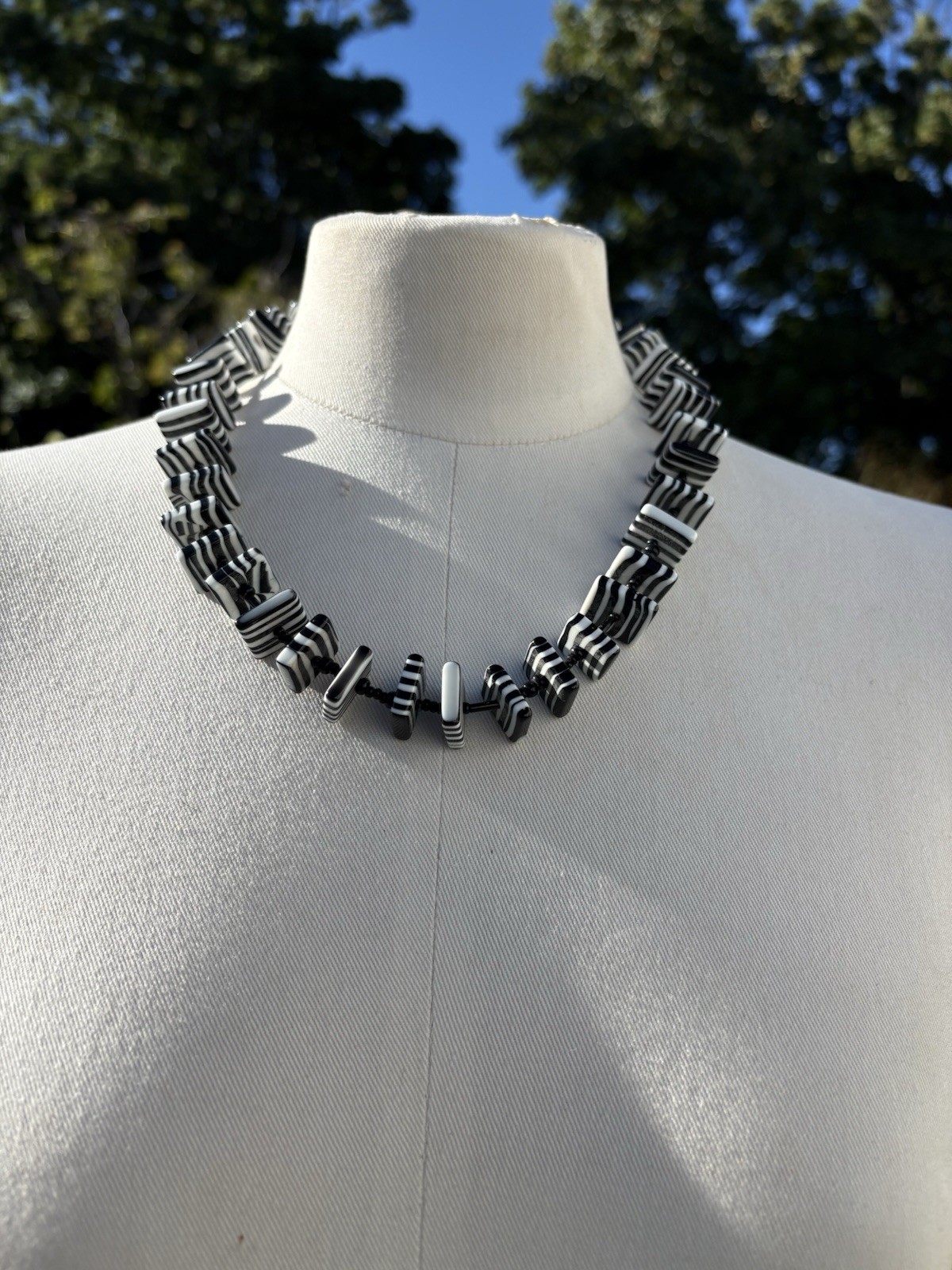 Jackie Brazil for Sobral Black White Striped Resin Necklace Signed 19”