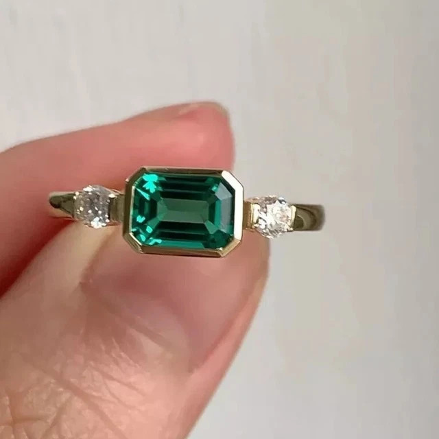 2 Ct Emerald Cut Simulated Emerald Engagement Ring 14k Yellow Gold Plated