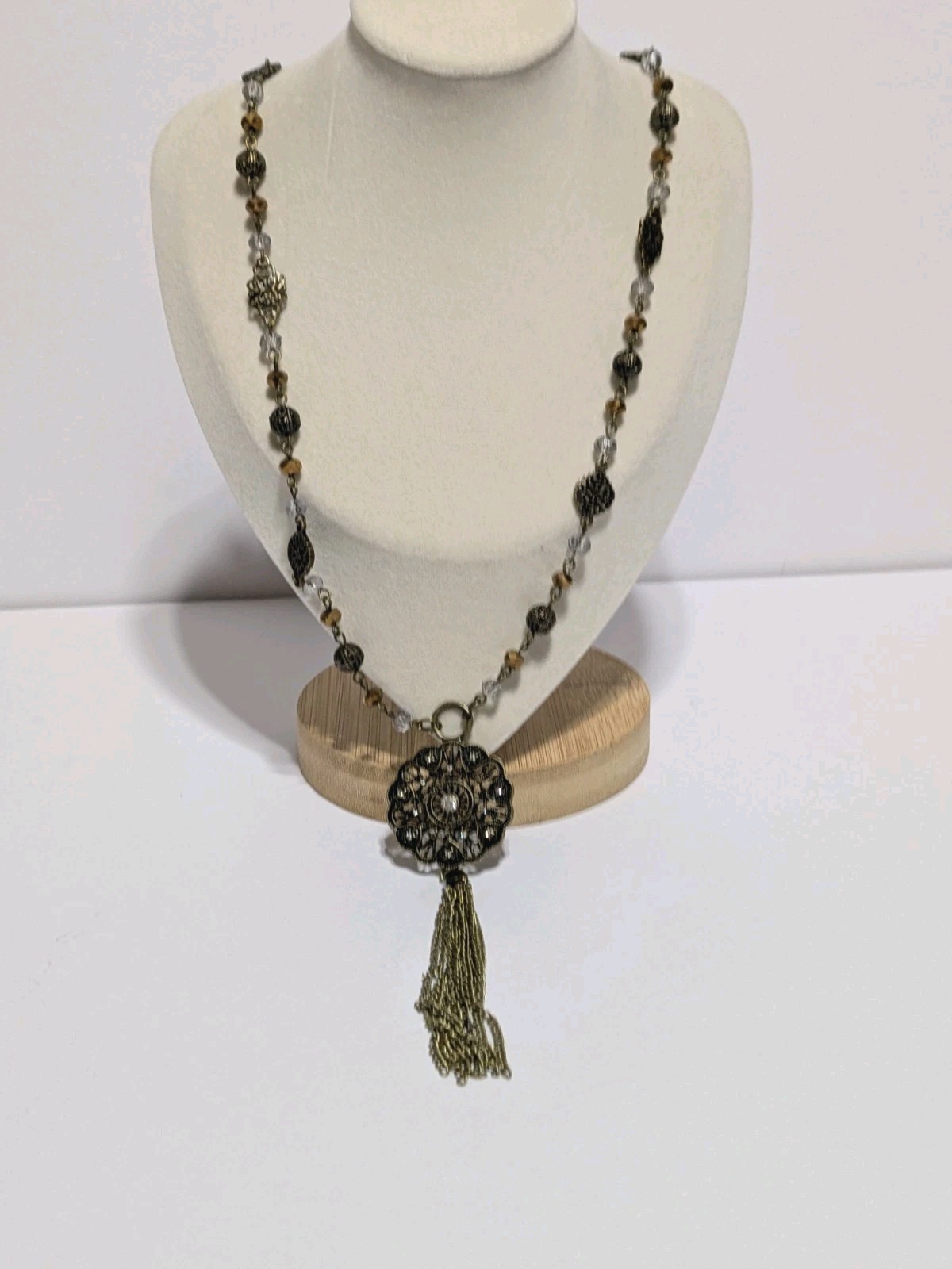 Gold Tone Y Drop Tassel Pendant Necklace With Acrylic Beads & Rhinestones 28″