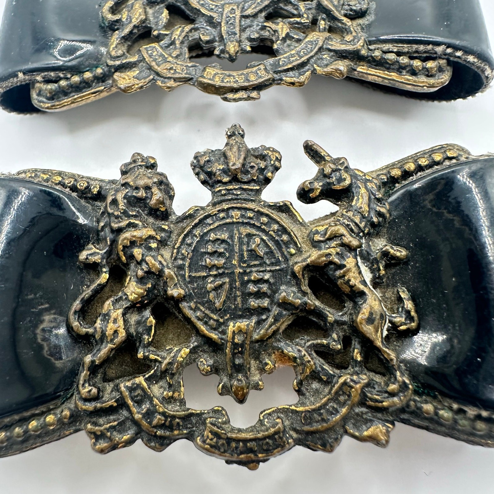 Set of 2 vintage British Military General heraldic patent leather bows buckles