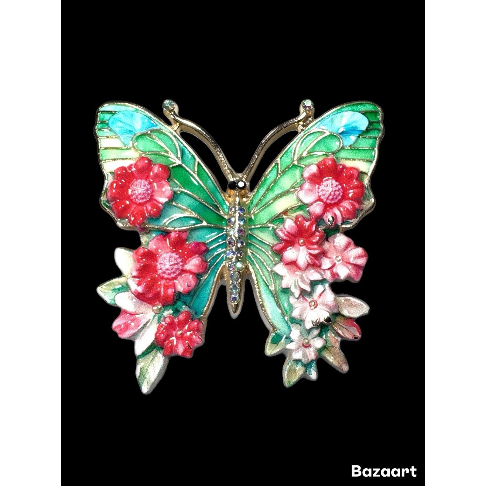 Brooch Butterfly Floral Enameled Bright Spring Colors Ceramic Look Gold Tone2.25