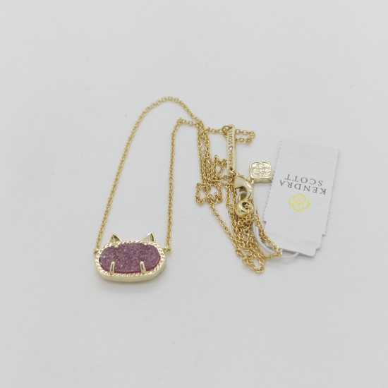 New Kendra Scott Elisa Gold Cat Kitty Pendant Necklace in Purple Drusy