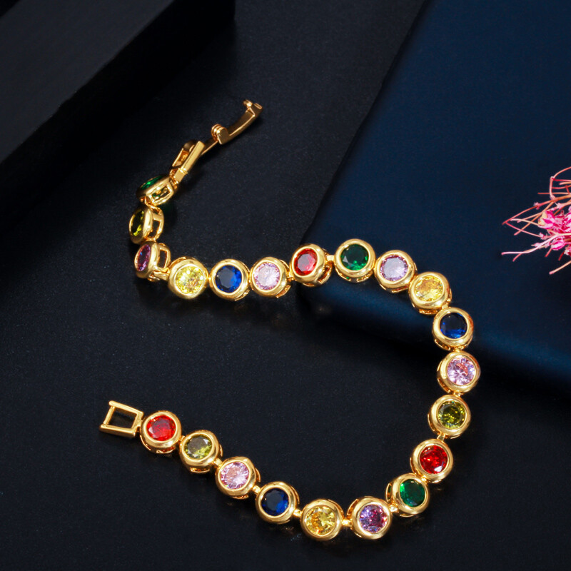 Beauty Round Cubic Zirconia Yellow Gold Plated Multicolor Rainbow Women Bracelet