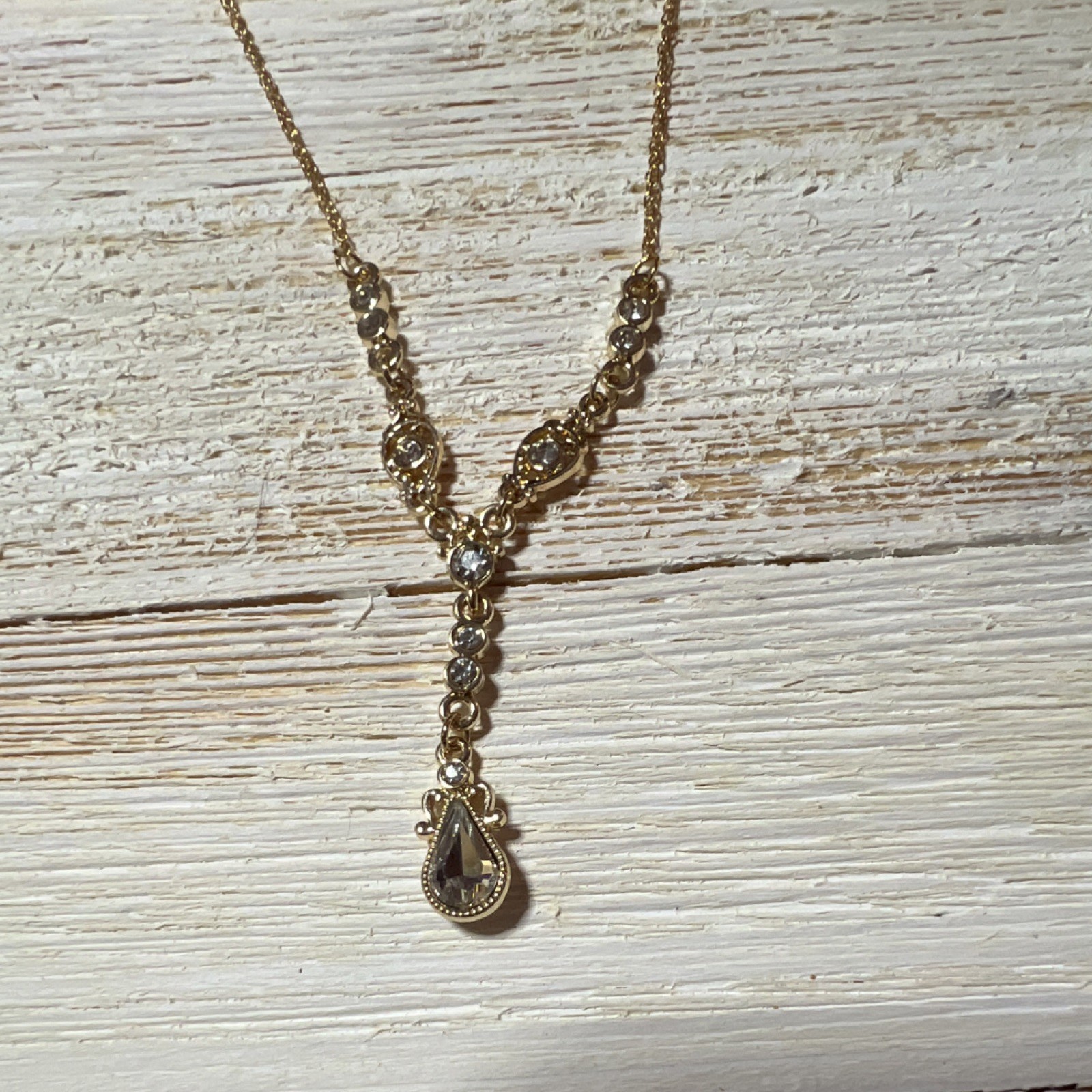 Gold Tone Clear Round Crystal Rhinestone Necklace & Drop Dangle Earrings Set