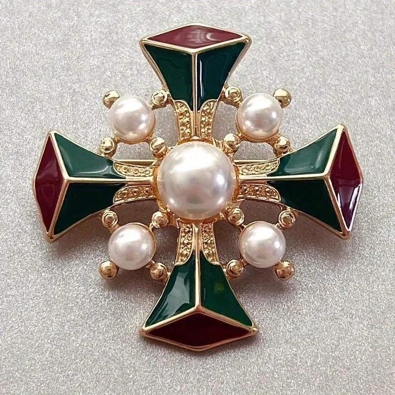 Vintage Baroque Cross Brooch Pin Court Style Enamel Pearl Corsage Unisex Jewelry