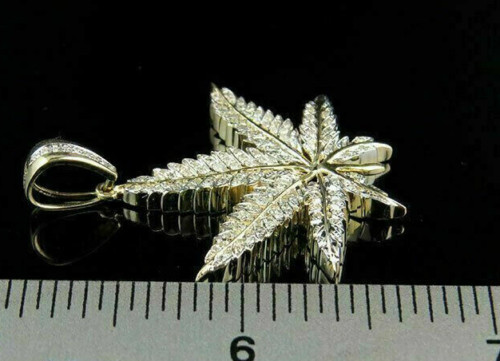 0.50Ct Simulated Diamond Marijuana Leaf Pendant 14K Yellow Gold Plated Silver