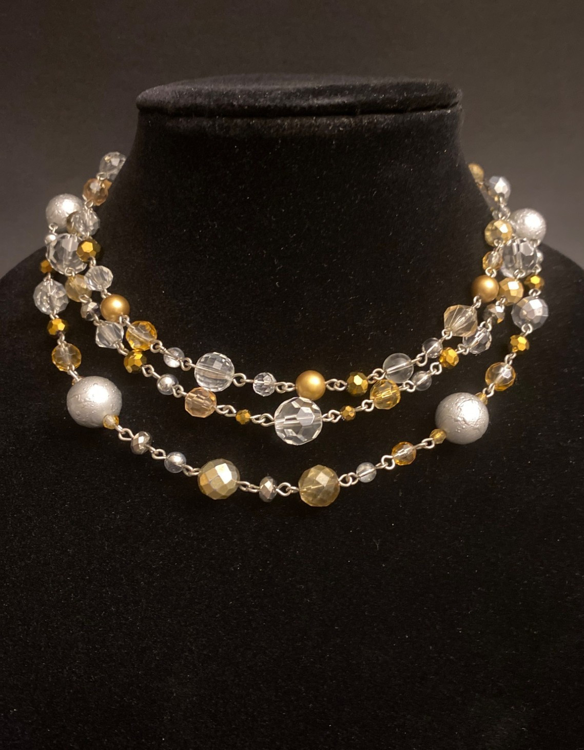 Lia Sophia Silvery Golden Amber 3-Strand Beaded Choker Necklace Formal Classy