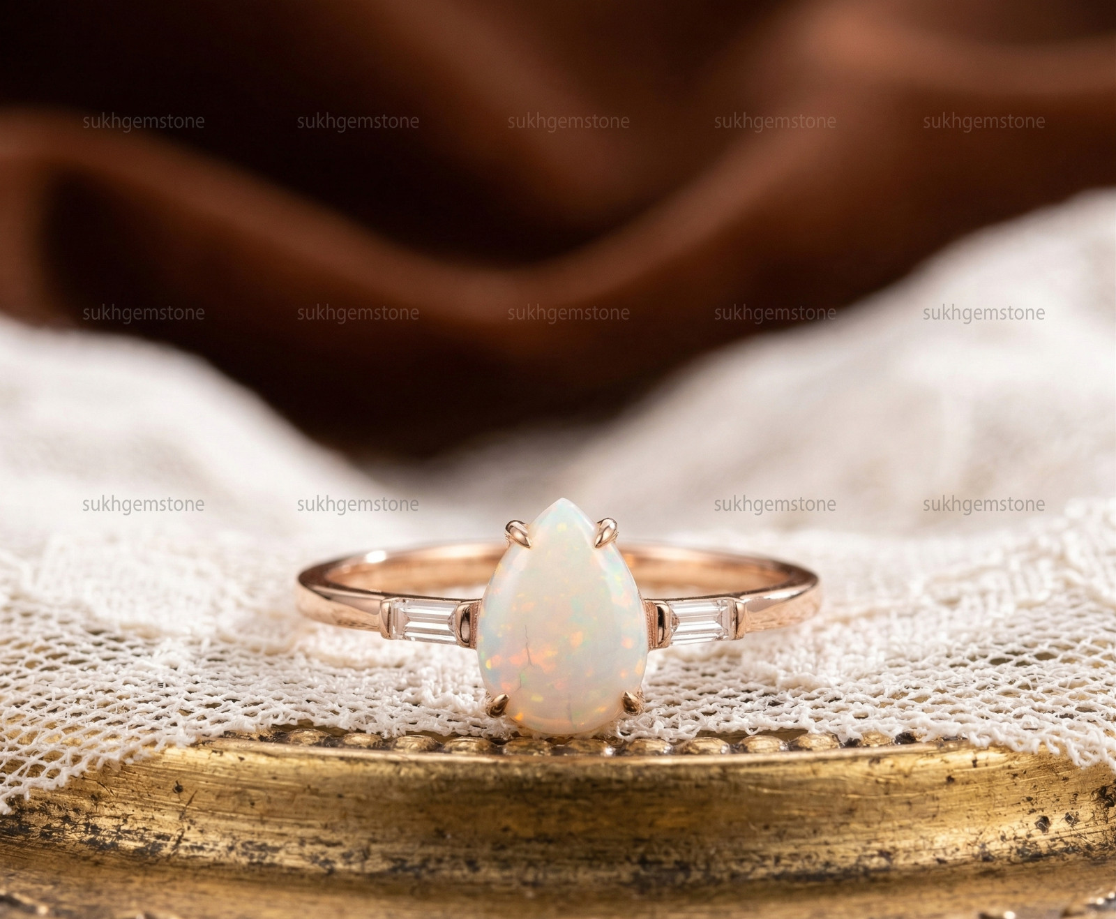 White Opal Ring, Brass Gold Alloy , Birthday Gift Her, Women Ring