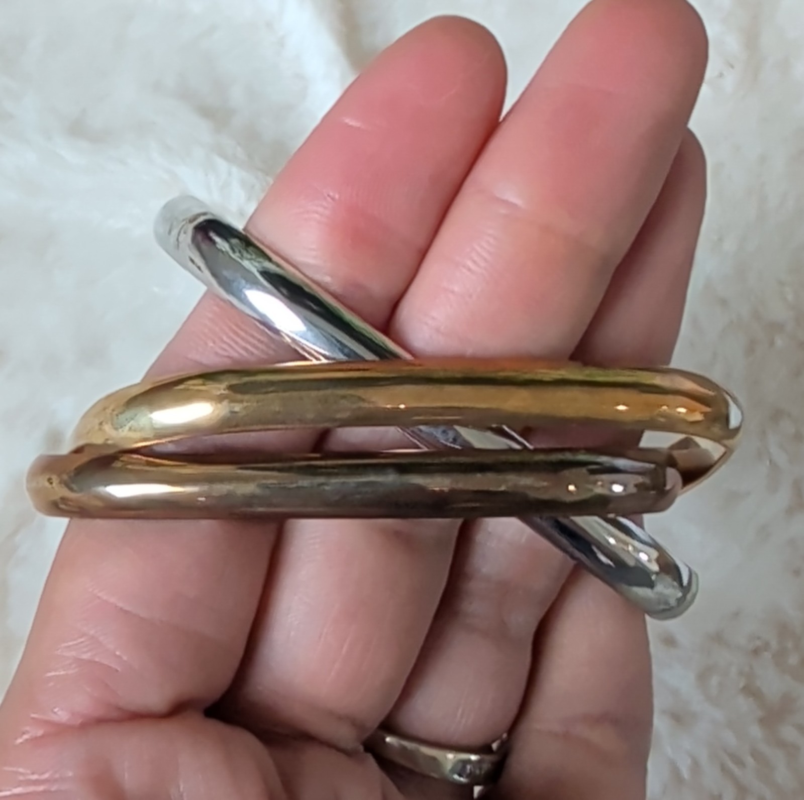 Asymmetrical Gold Silver Bronze Tone Metal Bangle Bracelet Set of 3, 8 inch