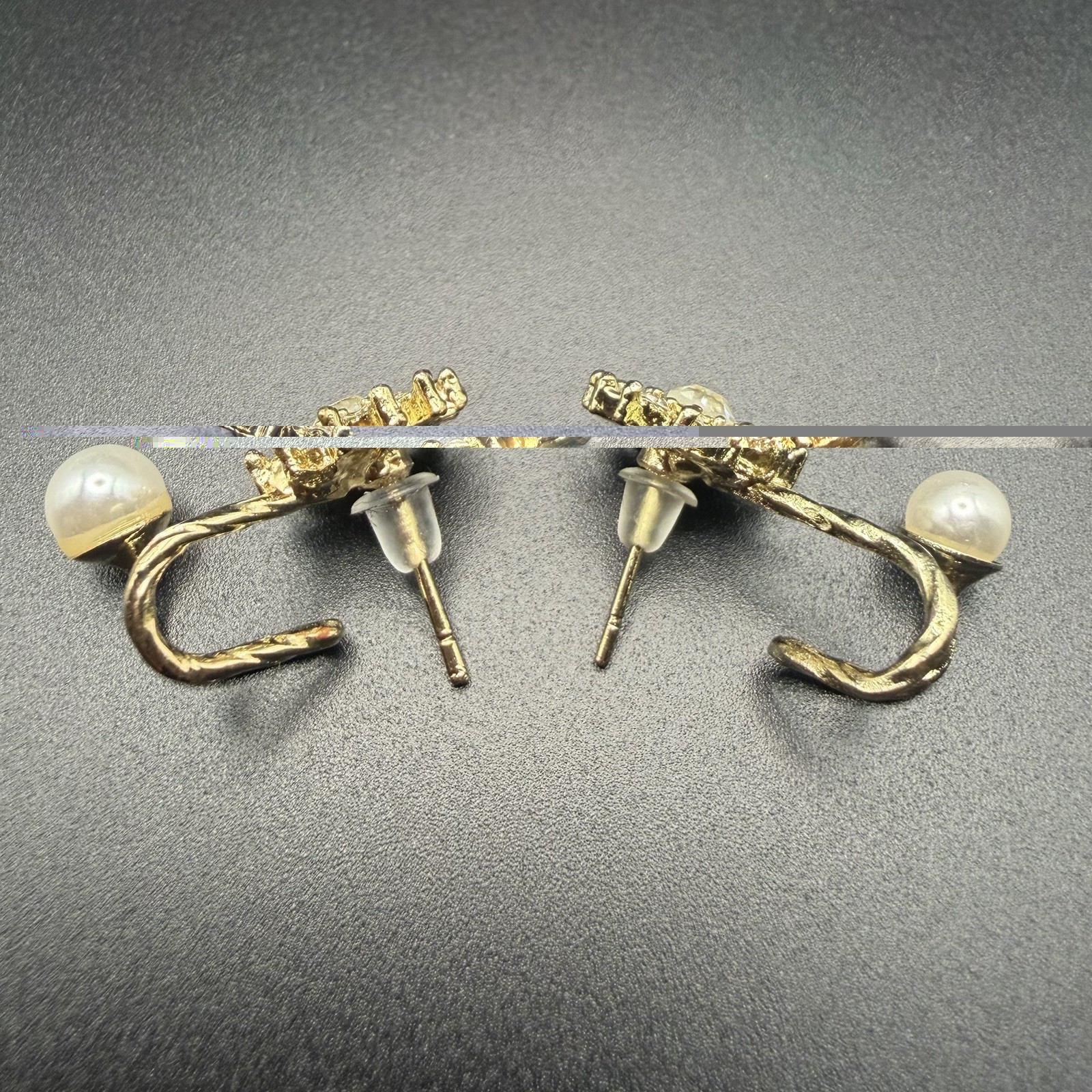 Gold Tone Rhinestone Sunburst & Pearl Twist Lobe Hugger Stud Cuff Earrings New
