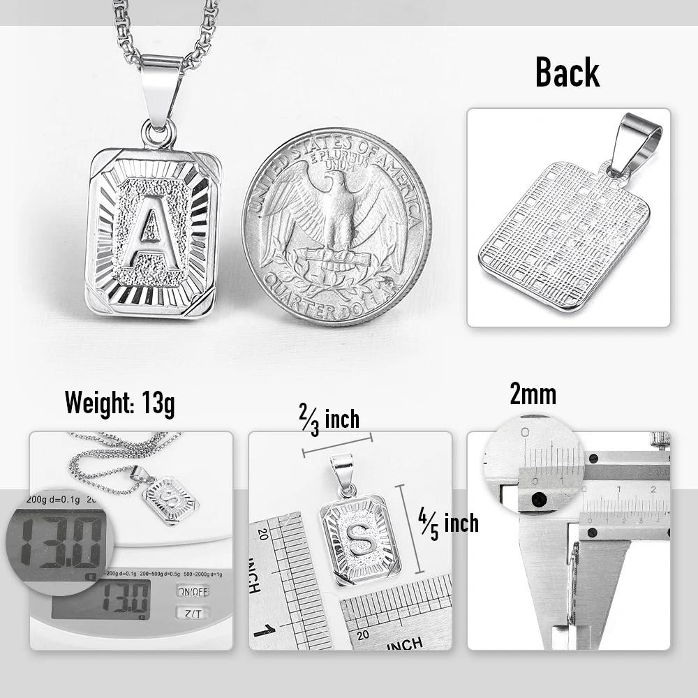 Stainless Steel Initial Necklace Square Name Letter A-Z Pendant W/Cuban Chain